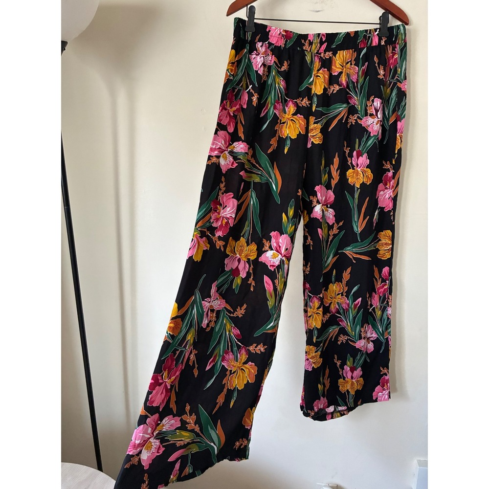 SHEIN Curve Black Floral Wide Leg Pants Plus  2XL Elastic Waist Tropical Boho